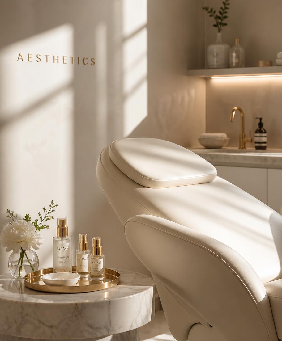 Sala de atendimento do Espaço Vitalis com poltrona creme e mesa de mármore